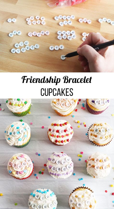 Taylor Swift Inspired Friendship Bracelet Cupcakes. Make some adorable cupcakes with friendship bracelet sprinkles on top. Taylor Swift Inspired Dessert, Friendship Birthday Party, Friendship Bracelet Birthday Cake, Friendship Bracelet Cupcakes, Lover Cupcakes Taylor Swift, Taylor Swift Cupcake Cake, Taylor Swift Friendship Bracelet Cake, Swiftie Cake Ideas, Taylor Swift Inspired Cupcakes