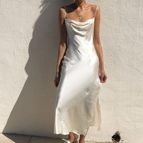 Sleep Dress Outfit, Elia Vintage, Ivory Slip Dress, Silk Prom Dress, Draped Collar, Sleep Dress, V Neck Midi Dress, Satin Slip Dress, Satin Slip