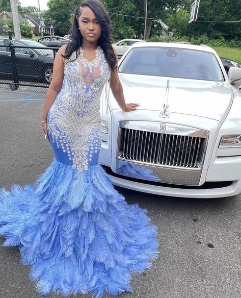 Follow me for more !! Girl Prom Dress, Diamond Prom Dresses, Dress With Jewels, Baby Blue Prom Dresses, Mermaid Style Prom Dresses, Blue Mermaid Prom Dress, Feather Prom Dress, Girl Prom, Custom Made Prom Dress