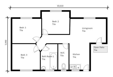 Low Budget Modern 3 Bedroom House Design Low Budget 3 Bedroom House Plan, Modern 3 Bedroom House Design, 3 Bedroom House Design, Bedroom Design On A Budget, Home Map Design, Open Patio, Low Budget House, Budget House Plans, Simple Floor Plans