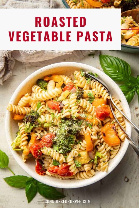 This roasted vegetable pasta is bursting with roasted fresh veggies like peppers, broccoli, and squash, along with rotini pasta, fresh basil, and a touch of balsamic. It's incredibly satisfying, flavorful, and so easy to make!