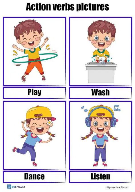 44 free printable action verbs pictures PDF cards - ESL Vault Verbs Flashcards Free Printable, Action Words With Pictures, Action Words For Kids, Action Verbs Flashcards, Opposites Flashcards, Verb Vocabulary, Action Verbs Worksheet, Verbs For Kids, Verbs Activities