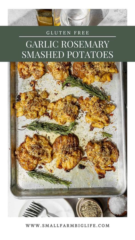 This recipe for crispy garlic and rosemary smashed potatoes is easy to make with yukon gold or russet potatoes. I like to cook my potatoes in the instant pot and then bake them in the oven until they are crispy. The cooked potatoes are mashed and then roasted. I show you how to make this simple recipe. #glutenfree #recipe #potatoes Potatoes In The Instant Pot, Cooked Potatoes, Gluten Free Vegetables, Smashed Potatoes Recipe, Glutenfree Recipe, Potatoes In Oven, Rosemary Potatoes, Crispy Garlic, Baked Veggies