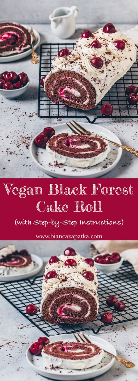 Black Forest Cake Roll (Vegan Swiss Roll) – Bianca Zapatka Chocolate Swiss Roll, Chocolate Roll Cake, Cake Roll Recipes, Vegan Chocolate Cake, Biscuit Rolls, Vegan Cake Recipes, Desserts Vegan, Black Forest Cake, Forest Cake