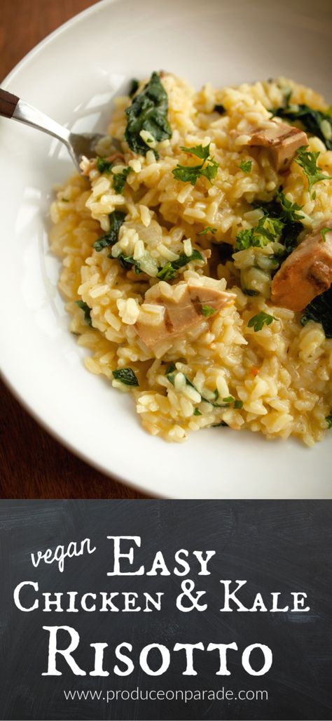 Easy Vegan Chicken and Kale Risotto — Produce On Parade Kale Risotto, Chicken And Kale, Grilled Chicken Strips, Pumpkin Quinoa, Chicken Kale, Chicken Risotto, Lectin Free, Vegan Grilling, Vegan Chicken