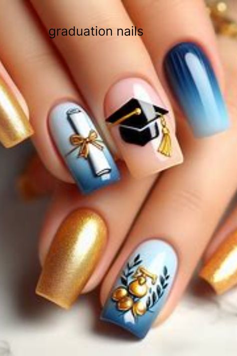 "Get inspired for your graduation ceremony with these gorgeous nail designs! From classic elegance to trendy flair, find the perfect style to complement your cap and gown." Naik Designs, Graduation Nails Ideas, Graduation Nail Art, Graduation Nail Designs, Chic Minimalist Style, Celebrate Success, Graduation Nails, Perfect Manicure, Graduation Picture Poses