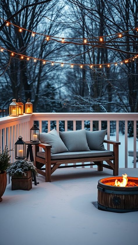 Transform your winter patio into a cozy escape with these 20 inviting ideas! Discover warm lighting options that create a magical atmosphere, perfect for chilly evenings. From string lights to lanterns, find inspiration to make your outdoor space inviting and comfortable. Ready to elevate your winter nights? Click to explore these creative ideas! Winter Patio Ideas, Cozy Deck, Winter Patio, Winter Retreat, Warm Lighting, Lighting Options, Winter Nights, Soft Seating, Fire Pits