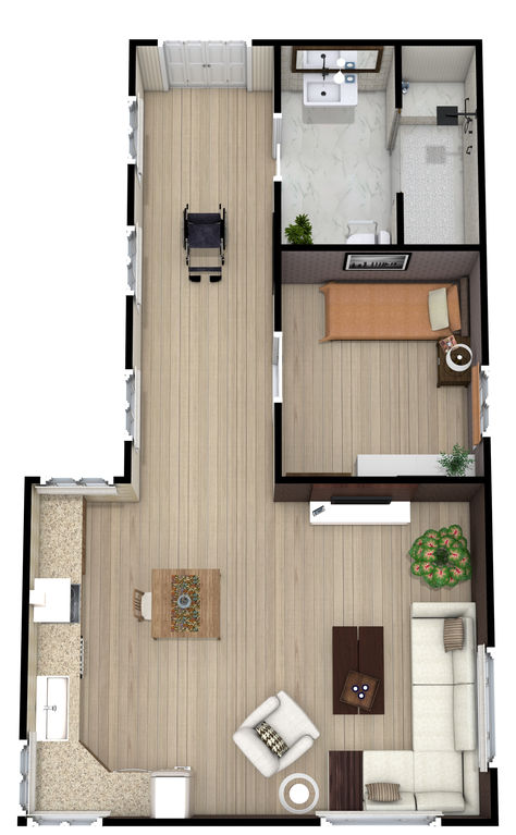 A beige and brown 3D floor plan with an ADA bathroom, one bedroom, an l-shaped kitchen, and an open concept. Ada Bedroom, Ada Compliant Bathroom, Room Layout Design, Accessible Kitchen, Shades Of Cream, Model Studio, 3d Floor Plan, 3d Floor, Comfortable Bedroom