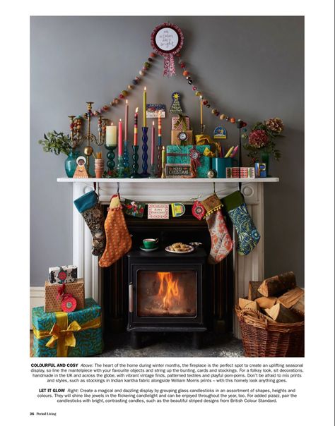 Retro Christmas Mantle Ideas, Colorful Maximalist, Happy Christmas Eve, Period Living, Christmas Decor Inspiration, Christmas Interiors, Christmas Mantle, Christmas Inspo, Bright Christmas