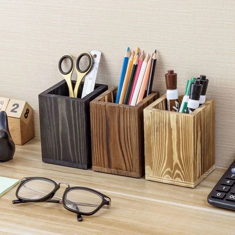 Add stylish storage to your desktop with this set of 3 multi-colored wooden pencil cups with light browndark brown and black stained finishesWith their simple square shape and solid wood constructionthese pencil cups are an excellent way to minimize desk clutter and keep your office supplies stylishly organizedPerfect for organizing penspencils and office stationerythese wooden storage holders can also be used to store paintbrushesmakeup tools and brushesartificial plantscutlery and flatwareand Handmade Office Gifts, Wood Pen Holder, Wood Pencil Holder, Pencil Cup Holder, Pencil Organizer, Wood Projects That Sell, Wooden Pencil, Small Woodworking Projects, Into The Wood