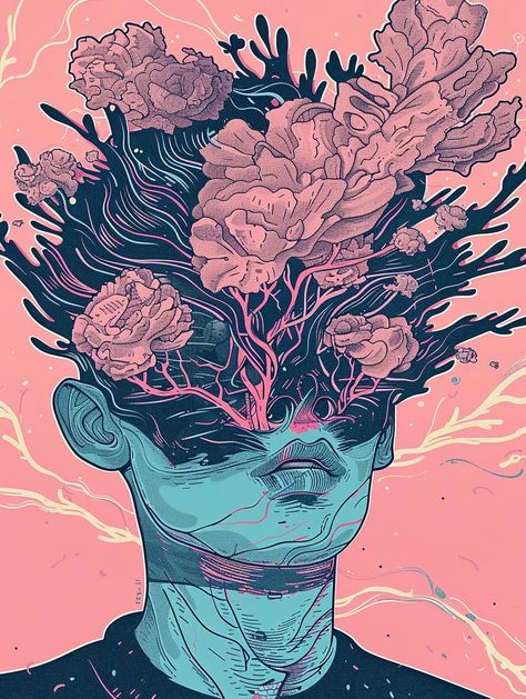 This illustration portrays a figure with an explosion of floral patterns emanating from the head, suggesting a blossoming of ideas, creativity, or consciousness. The absence of eyes might signify an inward focus, looking towards the inner self rather than the outer world.  #MindfulArt #ConsciousnessArt #CreativeBlooming #InnerGrowth #FloralMind #SurrealArt #PsychedelicArt #MentalBlossom #ThoughtFlowers #ArtisticMetaphor #PsychologicalArt #MentalFlourishing #CreativeImagery #SubconsciousArt Head Explosion, Consciousness Art, Inner Self, Colorful Artwork, Affordable Art, Surreal Art, Floral Patterns, Bedroom Wall Art, Consciousness