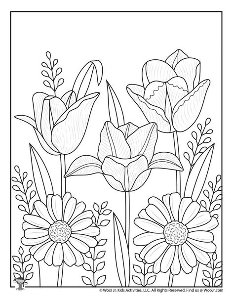 Spring Adult Coloring Pages | Woo! Jr. Kids Activities Spring Flower Coloring Pages Free Printable, Spring Time Coloring Pages, Spring Coloring Pages For Adults, Spring Coloring Pages Free Printable, Spring Flowers Coloring Pages, Coloring Spring, Plant Coloring Pages, Flowers To Color, Flower Coloring Pages For Kids