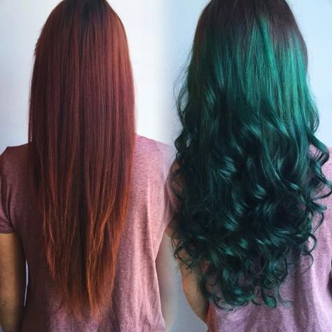 Kayla Valerio (@hairbykaylavalerio) of Claudia Curl Salon, Providence, Rhode Island, tackled this stubborn red to bring this client to her desired green. "She had been coloring her hair red herself for about 2 1/2 years," says Valerio, "She told me she wanted to be emerald green with a darker root. I did not think this was possible in one sitting, but managed to make it happen." Here she shares the HOW TO: Green Hair Ombre, Teal Hair Dye, Emerald Green Hair, Emerald Hair, Mint Hair, Teal Hair, Providence Rhode Island, Twist Braid Hairstyles, Hair Red