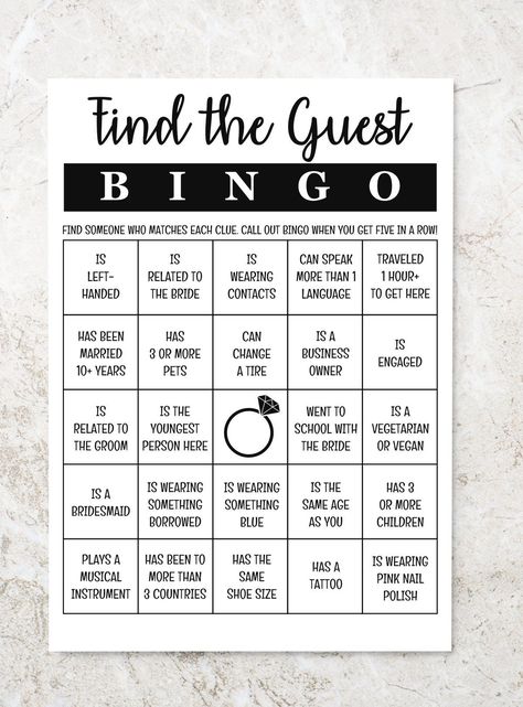 Wedding Dress Shopping Bingo Bingo Wedding Game, Find The Guest Bingo Bridal Shower Game, Find The Guest Bridal Shower Game, Wedding Guest Bingo, Wedding Bingo Game, Bride Bingo, Unique Bridal Shower Ideas, Cognitive Games, Bingo Bridal Shower Game