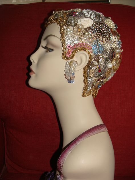 Bedazzled Mannequin, Vintage Jewelry Display, Anything But Hair Mannequin Challenge, Butterfly Headpiece, Decorated Mannequins, Trunk Makeover, Couture Photoshoot, Cool Hair Designs, Mannequin Hair