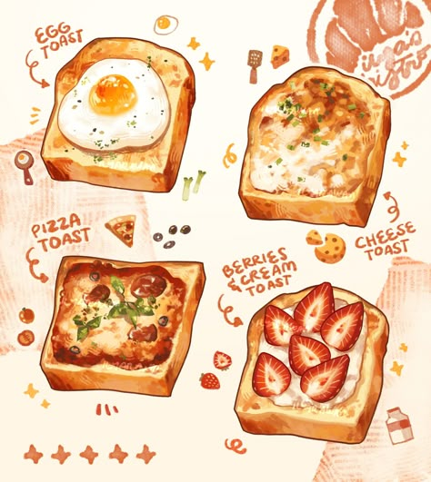 Food Drawing Cute, How To Draw Food, Toast Drawing, Cute Food Doodles, Toast Illustration, Cute Food Illustration, Food Drawing Ideas, Food Art Drawing, Aesthetic Food Art