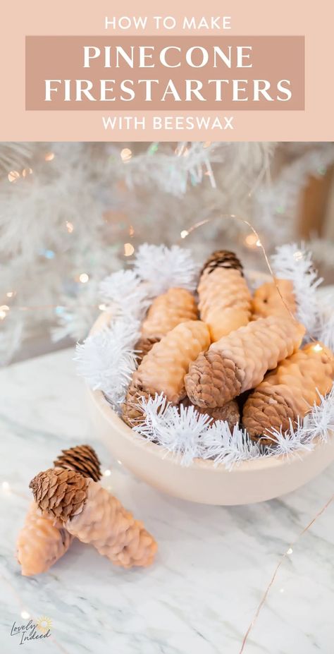 An easy way to make beautiful pine cone fire starters! These charming waxed pine cones look lovely as holiday or Christmas decor, and are useful for helping to start a roaring fire on a cozy evening. Learn how to make this pine cone craft for holiday gifts and more. Pinecone Firestarters, Pine Cone Fire Starters, Pine Cone Craft, Fire Starters Diy, Pine Cone Christmas Decorations, Pinecone Crafts Christmas, Holiday Table Centerpieces, Teacher Holiday Gifts, Craft Projects For Adults