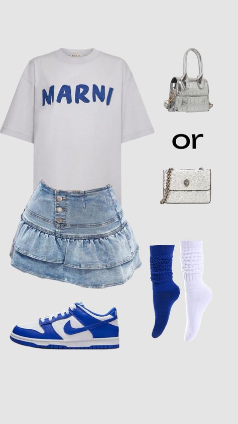 Racer blue dunk outfit +Marni shirt + Kurt geiger bag + SHEIN . #racerbluedunks #blueoutfit Blue Dunk Outfit, Kentucky Dunks Outfit, Blue Dunks, Kurt Geiger Bag, Marni Shirt, Dunk Outfit, Dunks Outfit, Clueless Outfits, Fasion Outfits