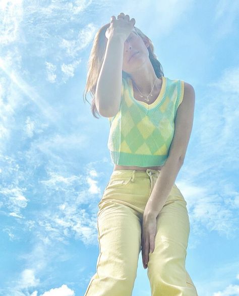 Yellow And Green Outfit, Green And Yellow Outfit, Soft + Core + Aesthetic, Yellow Vest, Green Girl, Yellow Outfit, Outfit Layout, Yellow Aesthetic, Pastel Yellow