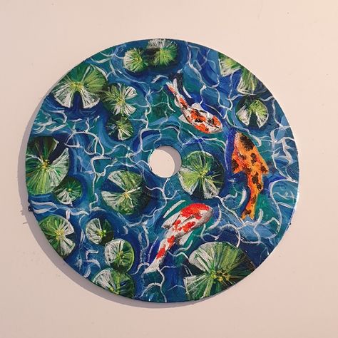 Lily Pad Pottery Painting, Koi Fish Pottery Painting, Koi Fish Pottery, Koi Pond Painting, Circle Paintings, Pond Drawing, Ceramic Plates Art, Clay Dish, Ceramic Cafe