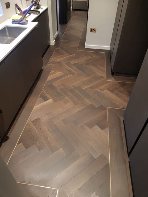 Herringbone Flooring With Border, Herringbone With Border, Parquette Floor, Wood Floor Pattern, Wood Floor Design, Herringbone Wood Floor, Brass Trim, Floor Tile Design, Flooring Inspiration