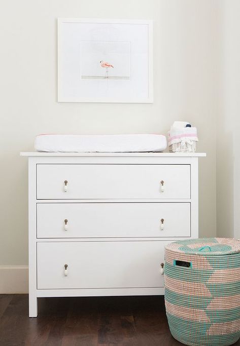 Nursery with Ikea Hemnes 3 Drawer Chest, Transitional, Nursery Koppang Dresser Nursery, Ikea Koppang Dresser Hack, Koppang Dresser Hack, Baby Girl Nursery Dresser, Girl Nursery Dresser, Hemnes 3 Drawer, Ikea Changing Table, Transitional Nursery, Dresser Ikea