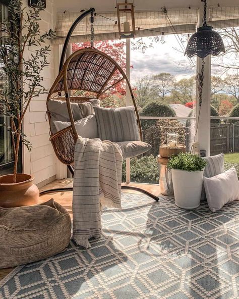 Outdoor Egg Chair Ideas, Egg Chair Ideas, White Pillars, Board And Batten Exterior, Swing Chair Outdoor, Sunroom Decorating, Hanging Egg Chair, Cozy Patio, Patio Tiles