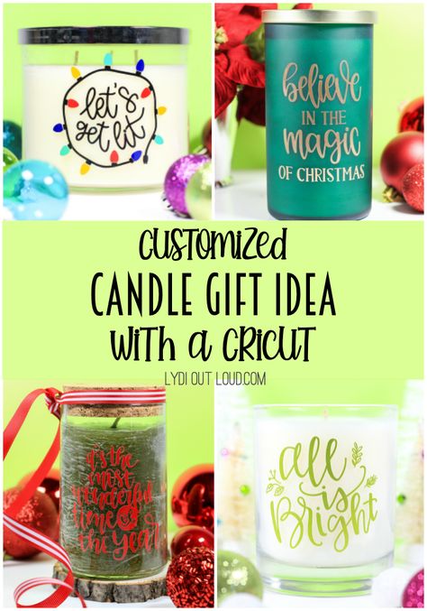 Make quick and simple DIY Custom Christmas Candles with a Cricut machine - a perfect gift idea! via @lydioutloud Cricut Christmas Candles, Cricut Candles, Christmas Candles Diy, Family Holiday Gifts, Candle Projects, Neighbor Christmas Gifts, Candle Wrap, Vinyl Gifts, Holiday Gift Tags