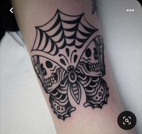 Traditional Blackwork Butterfly Tattoo, Traditional Style Skeleton Tattoo, Gap Filler Tattoo Ideas Women, Traditional Bold Black Tattoos, Butterfly Spider Web Tattoo, Skull Butterfly Tattoo Traditional, Spooky Traditional Tattoo Black, Traditional Tattoos Spider Web, Unique Traditional Tattoo Black