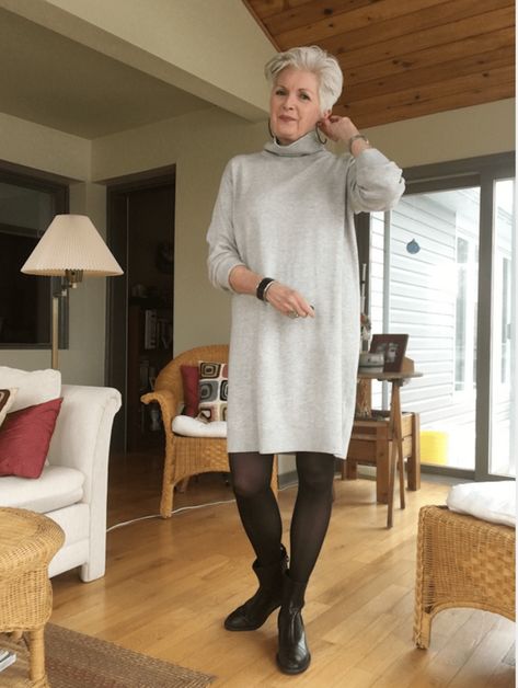 sue burpee in sweater dress on Cindy Hattersley's blog 70 Year Old Women Fashion, 70 Year Old Women, Brown Tights, Sweater Dress Outfit, Sporty Dress, Grey Turtleneck, Ageless Style, 60 Fashion, Winter Skirt