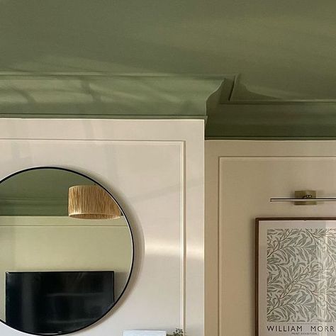 Little Greene on Instagram: "@atthemacs create a statement ceiling using Sage Green, complemented harmoniously by warm neutral walls." Painted Ceiling Moulding, Sage Ceiling Bedroom, Green Living Room Ceiling, Green Accent Ceiling, Green Vaulted Ceiling, Green Kitchen Ceiling, Green Walls And Ceiling Bedroom, Hallway Sage Green, Bedroom Green Ceiling