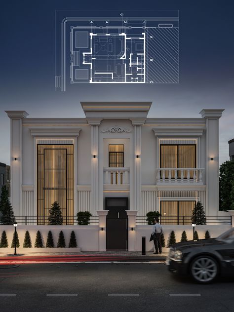 Front Elevation Classic Designs, Classic Villa Design Exterior, Classic House Designs Exterior Front Elevation, New Clasic Houses, New Classic Elevation Villa, Neo Classic House Design, Village House Design Classic, Modern Facade Architecture, New Classic Villa Exterior Design