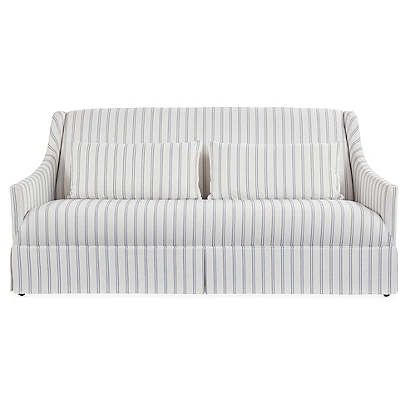 Dawes Skirted Sofa, Stripe Crypton Sunbrella from One Kings Lane Stripe Sofa, Skirted Sofa, Striped Sofa, Striped Upholstery, Fibre And Fabric, Settee Sofa, Ticking Stripe, Selling Furniture, Family Room Design