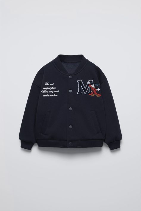 MICKEY MOUSE FANTASIA © DISNEY PLUSH BOMBER JACKET - Dark navy | ZARA United States Fantasia Disney, Terry Towelling, Disney Embroidery, Patch Embroidery, Disney Plush, Text Print, Tshirt Skirt, Leather Vest, Shirt Skirt