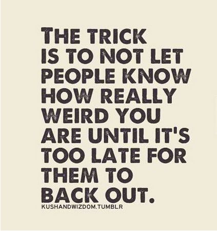 The trick is to not let people know how really weird you are until it's too late for them to back out. ha ha Funniest Quotes Ever, Life Quotes Love, Totally Me, E Card, A Quote, Bones Funny, Great Quotes, Favorite Quotes, Wise Words