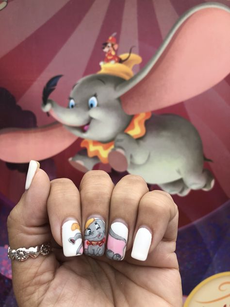 Disney nail art Dumbo #disneynails #dumbonails # Dumbo Nail Designs, Dumbo Nail Art, Disney Nail Art, Disney Nail, Nail Art Disney, Cute Acrylic Nail Designs, Cute Gel Nails, Disney Nails, Art Disney