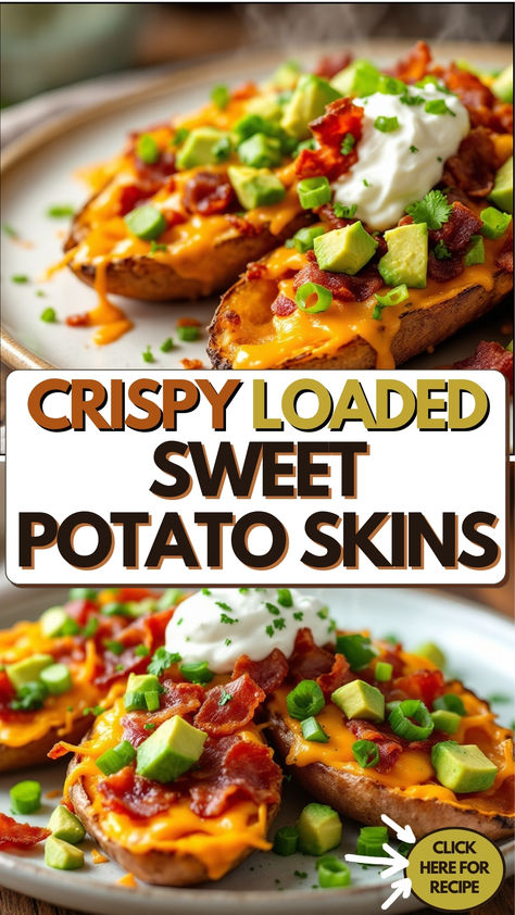 Looking for a fun, delicious, and easy-to-make snack? Try these Loaded Sweet Potato Skins! Crispy sweet potato skins topped with melted cheddar cheese, crispy bacon, creamy avocado, and a dollop of sour cream. This Loaded Sweet Potato Recipe is packed with flavor and perfect for parties, family gatherings, or a quick appetizer. These Sweet Potato Skins are a healthier, mouth-watering twist on the classic! Full Recipe At Dealiciousness.net Easy Healthy Sweet Potato Recipes, Loaded Sweet Potato Recipes, Sweet Potato Skins Recipe, Stuffed Sweet Potato Recipes, Sweet Potato Boats, Anti Inflammation Foods, Potato Skins Recipe, Sweet Potato Bacon, Fall Recipe Ideas