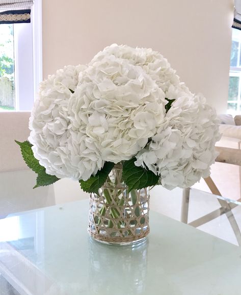 White Hydrangea Table Arrangements, Bouquet Hydrangea White, White Hydrangea Vase Arrangement, Hydrangea Centre Pieces, White Hydrangea Bouquet In Vase, Minimalist Hydrangea Centerpiece, White Flower Centerpieces, Neutral Wedding, White Hydrangea