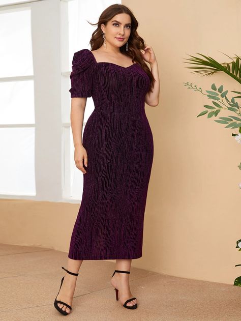 SHEIN Plus Glitter Puff Sleeve Split Hem Dress – Chicgrl Convocation Dress, Curvy Bridesmaid Dresses, Plus Size Short Dresses, Fitted Gowns, Frock Style, Big Size Dress, Velvet Dress Designs, Split Hem Dress, Summer Plus Size