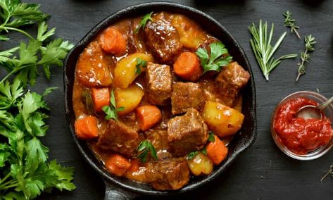 Melting pot: 17 delicious, warming stews – from a Moroccan fish dish to Persian lamb | Food | The Guardian Hungarian Cuisine, Greek Potatoes, Ground Beef And Potatoes, Seafood Stew, Diner Recept, Chickpea Stew, Slow Cooked Beef, Bean Stew, Vegetable Stew