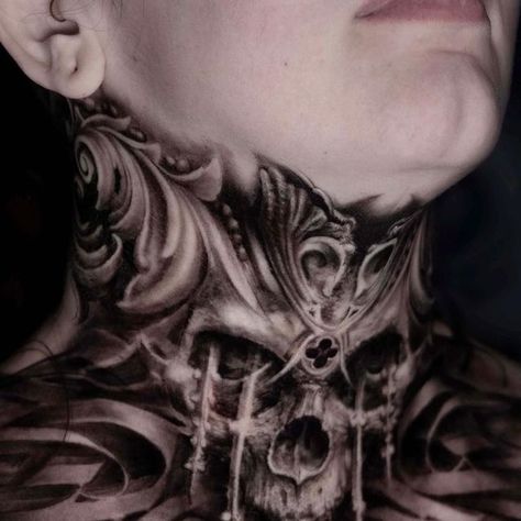 Skull Neck Tattoo For Men, Crown Throat Tattoo, Black And Grey Throat Tattoo, Horror Throat Tattoo, Animal Throat Tattoo, Men’s Neck Tattoos, Neck And Throat Tattoos Men, Chris Motionless Neck Tattoo, Throat Tattoos