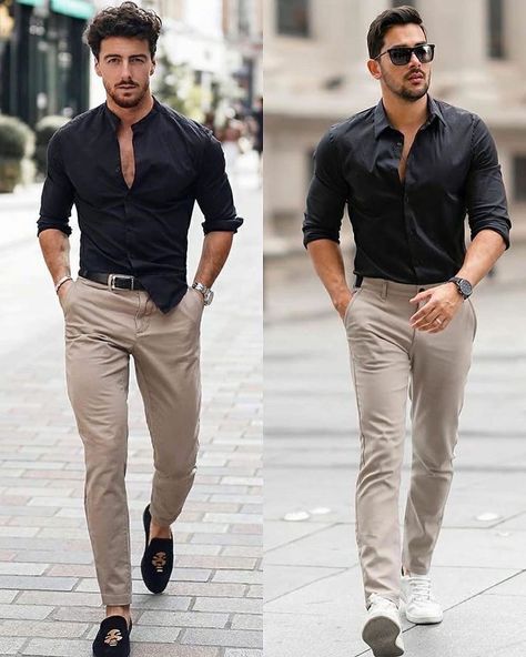 Ootd Men Outfits, Black Shirt Outfit Men, Elegant Men Style, Black Shirt Outfits, Men's Formal Wear, Mens Casual Suits, Mens Smart Casual Outfits, Smart Casual Menswear, Mens Business Casual Outfits