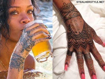 Rihanna Henna Design Back of Hand, Finger Tattoo | Steal Her Style Rhianna Tattoos, India Love Tattoos, Rihanna Hand Tattoo, Rihanna Tattoo, Henna Designs Back, Wrist Henna, Henna Style Tattoos, Henna Inspired Tattoos, Mehndi Style