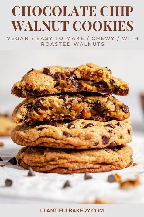 These Vegan Chocolate Chip Walnut Cookies are chewy on the inside, crispy on the outside, absolutely delicious, and easy to make. They're loaded with chocolate chips and roasted walnuts. Small batch. Dairy-free, eggless. #chewychocolatechipwalnutcookies #bestchocolatechipwalnutcookie #levainbakerychocolatechipwalnutcookies #homemadechocolatechipwalnutcookies #theultimatebakerystylechocolatechipcookies #veganbakerystylechocolatechipcookies Vegan Condensed Milk, Vegan Gingerbread Cookies, Chocolate Chip Walnut Cookies, Vegan Gingerbread, Roasted Walnuts, Vegan Chocolate Chip Cookies, Vegan Sour Cream, Walnut Cookies, Dairy Free Eggs