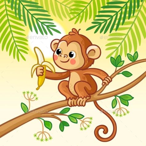 Monkey Sits on a Tree and Eats a Banana by svaga | GraphicRiver Banana Drawing Easy, Drawings Of Monkeys, Monkey Eating Banana, Monkey Jumping, Monkey Drawing, Monkey Illustration, Monkey And Banana, Cartoon Monkey, Pet Monkey