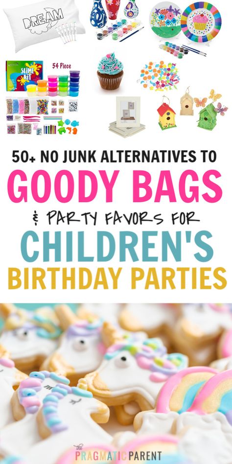 50+ Alternatives for goody bags and party favors that aren't candy, plastic toys or junk. Alternatives for kid's birthday party goody bags that won't get tossed in the trash. These goody bag alernatives are perfect for children's birthday parties and will be much more loved by children. #childrensbirthdayparty #kidsbirthdayparty #kidsbirthday #goodybags #alternativesforgoodybag #nojunkgoodybag #goodiebag #partyfavorsforkids #goodybagideasforkids #partyfavorideasforkids #childrensbirthdayparty Party Bag Alternative, Birthday Party Goody Bags, Party Goody Bags, Birthday Party Goodie Bags, Candy Bag Favors, 1st Birthday Favors, 1st Birthday Party Favors, Goodie Bags For Kids, Party Bags Kids