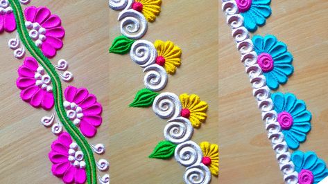 Rangoli Designs White, Rangoli Designs Border, Navratri Rangoli Design, Simple Border Rangoli, Gauri Decoration, Navratri Rangoli, Border Rangoli Designs, Diwali Rangoli Designs, Simple Flower Rangoli