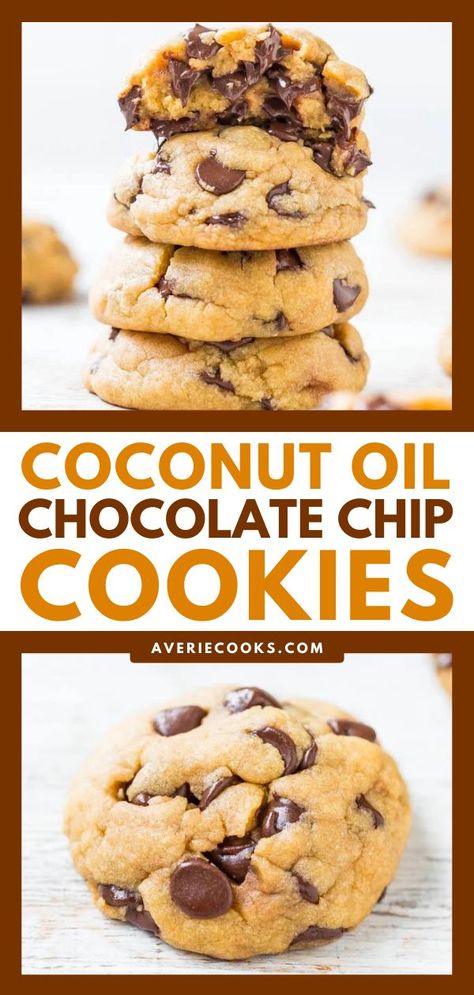 The Best Soft and Chewy Coconut Oil Chocolate Chip Cookies, easy dessert ideas, sweet treats, baking recipes Chocolate Chip Cookies No Butter, Coconut Oil Chocolate Chip Cookies, Oil Chocolate Chip Cookies, Coconut Oil Cookies, Chocolate Chip Cookies Soft, Easy Dessert Idea, Easy Chocolate Chip Cookie, Cake No Bake, Healthy Chocolate Desserts