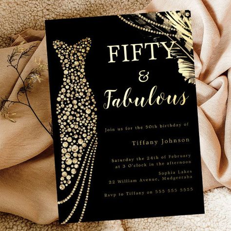 $3.95 | Fifty & Fabulous Elegant Gold Dress 50th Birthday #gold, foil, vintage, golden, 50th birthday, fifty and fabulous, 50th birthday party, dress, gown, gatsby Elegant Gold Dress, 60th Birthday Theme, 60th Birthday Ideas For Mom, Elegant Birthday Invitations, 60th Birthday Party Decorations, 60th Birthday Decorations, 50th Birthday Party Invitations, 60th Birthday Invitations, 90's Birthday Party