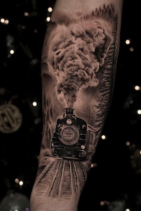 Black Train Tattoo, Steam Engine Tattoo, Train Tattoo Ideas, Train Tattoos For Women, Train Track Tattoo, Railroad Tattoo Ideas, Steam Train Tattoo, Railroad Tattoo, Train Tattoos